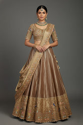 Chocolate Brown Munga Silk Woven Lehenga with Zardosi Beaded Work and Peacock Motif Broad Border