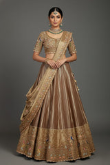 Chocolate Brown Munga Silk Woven Lehenga with Zardosi Beaded Work and Peacock Motif Broad Border