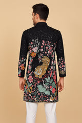 Black Georgette Floral Thread Embroidery Sequin Work Kurta Set with Animal Motifs
