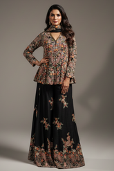 Black Raw Silk Embroidered Palazzo Suit