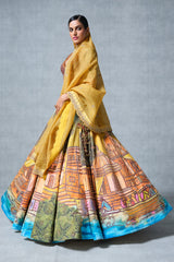Orange and Yellow Banarasi Silk Hand Paint Ghat Inspired Lehenga