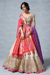 Cream Tissue Raw Silk Ajanta Ellora Inspired Border Lehenga with Mukaish Work