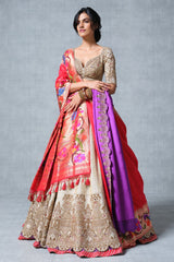 Cream Tissue Raw Silk Ajanta Ellora Inspired Border Lehenga with Mukaish Work