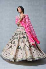 Ivory Beige Tissue Sheesh Mahal Inspired Lehenga with Leheriya Dupatta