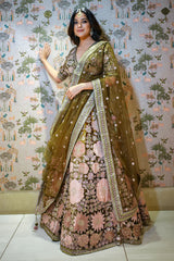 Olive Green Floral Motifs Lehenga with Sequins and Stone Work in Silk