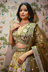 Olive Green Floral Motifs Lehenga with Sequins and Stone Work in Silk