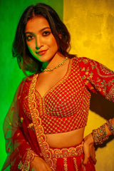 Red Raw Silk Heavy Bridal Lehenga with Peacock and Floral Motifs