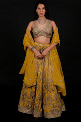 Mustard Organza Chinon Floral Printed Lehenga with Sequins Work