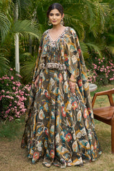 Olive Green Tissue Floral Printed Cape Sleeved Crop Top Lehenga Set