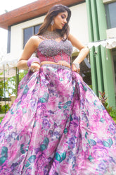 Mauve Organza Silk Floral Print Lehenga with Cutdana Sequin Corset with Cape Jacket
