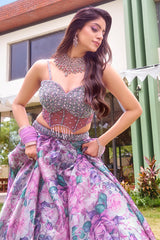 Mauve Organza Silk Floral Print Lehenga with Cutdana Sequin Corset with Cape Jacket