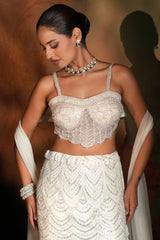 Ivory White Art Deco Sequin and Pearl Mermaid Style Lehenga with Corset Blouse