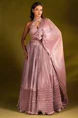 Mauve Satin Organza Sculpted Pleated Lehenga with Halter Neck Embellished Blouse