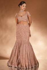 Rose Golden Net Designer Mermaid Style Lehenga with Cold Shoulder Blouse