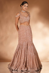 Rose Golden Net Designer Mermaid Style Lehenga with Cold Shoulder Blouse