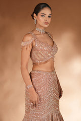 Rose Golden Net Designer Mermaid Style Lehenga with Cold Shoulder Blouse
