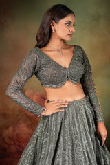 Olive Green Net Designer Sequin Beaded Lehenga