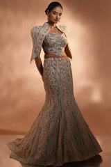 Blush Pink Net Mermaid Lehenga Set with Structured Corset Blouse and Embellished Shoulder Cape