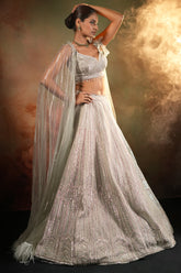 Silver Net Designer Lehenga Set with Cape Sleeves