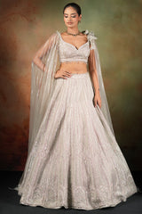 Silver Net Designer Lehenga Set with Cape Sleeves