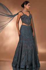 Prussian Blue Net Cutdana Beaded Mermaid Style Lehenga with Embellished Corset Blouse