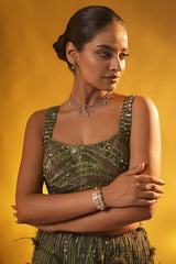 Olive Green Net Designer Mermaid Style Lehenga Set