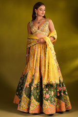 Yellow Silk Floral Printed Designer Lehenga Set