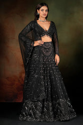 Black Net Sequinned and Cutdana Worked Designer Lehenga with Deep V Neck Blouse