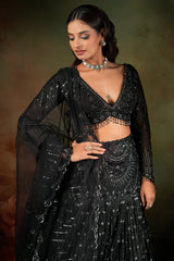 Black Net Sequinned and Cutdana Worked Designer Lehenga with Deep V Neck Blouse