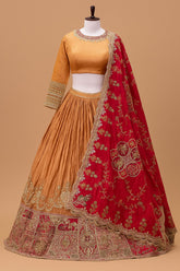 Dusty Peach Crush Silk Patch Work Designer Lehenga with Jewel Neck Blouse