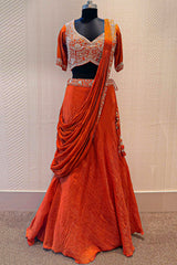 Orange Silk Zardosi Work Lehenga with Attached Dupatta