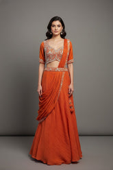 Orange Silk Zardosi Work Lehenga with Attached Dupatta