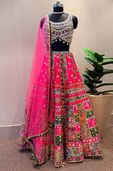 Rani Pink Raw Silk Kalamkari Printed Lehenga with Beads and Applique Work