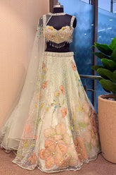 Mint Green Net Designer Floral Patch Worked Lehenga with Cape Dupatta