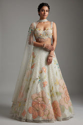 Mint Green Net Designer Floral Patch Worked Lehenga with Cape Dupatta