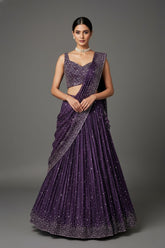 Purple Chinon Silk Sequin and Bead Work Lehenga with Attached Dupatta