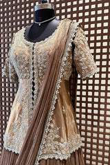 Chocolate Brown Crush Silk Lehenga with Sequin Cutdana Slit Top and Attached Dupatta