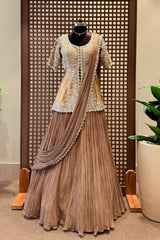 Chocolate Brown Crush Silk Lehenga with Sequin Cutdana Slit Top and Attached Dupatta