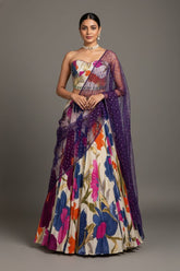 Off White Crepe Silk Floral Printed Flared Lehenga with Beaded Off Shoulder Corset