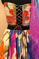 Off White Crepe Silk Floral Printed Flared Lehenga with Beaded Off Shoulder Corset