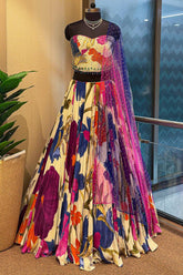 Off White Crepe Silk Floral Printed Flared Lehenga with Beaded Off Shoulder Corset