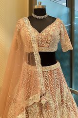 Dusty Rose Pink Net Designer Handoworked Lehenga
