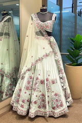 Off White Raw Silk Floral Embroidered Lehenga