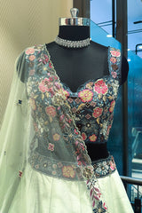 Mint Green and Blue Raw Silk Floral Embroidered Lehenga