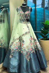 Mint Green and Blue Raw Silk Floral Embroidered Lehenga