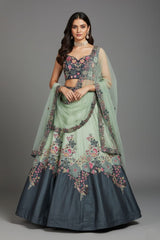 Mint Green and Blue Raw Silk Floral Embroidered Lehenga