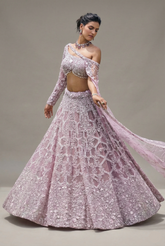 Dusty Pink Net Designer Sequin Beaded Lehenga with One Shoulder Blouse and Cape Dupatta