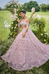 Dusty Pink Net Designer Sequin Beaded Lehenga with One Shoulder Blouse and Cape Dupatta