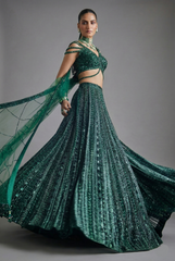 Dark Green Net Designer Sequin Cutdana Worked Lehenga with Embellished Blouse