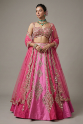 Pink Shaded Raw Silk Heavy Handworked Lehenga